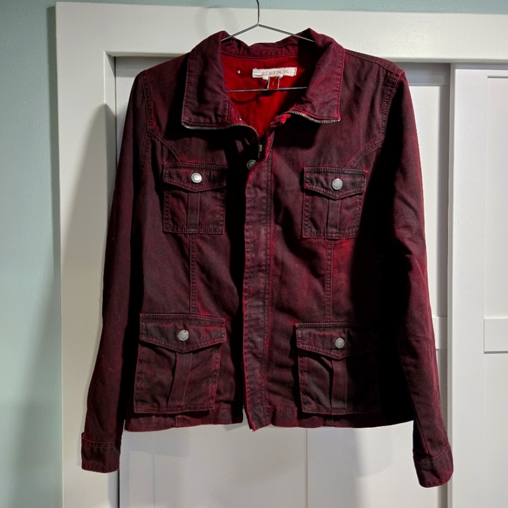 Stetson Chambray Shirt Jacket Women's Large Wine Red Western Wear Full Zip Denim